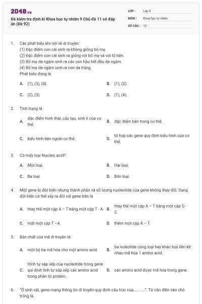 Đề kiểm tra định kì Khoa học tự nhiên 9 Chủ đề 11 có đáp án (Đề 92)