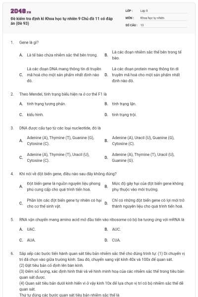 Đề kiểm tra định kì Khoa học tự nhiên 9 Chủ đề 11 có đáp án (Đề 93)