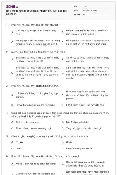 Đề kiểm tra định kì Khoa học tự nhiên 9 Chủ đề 11 có đáp án (Đề 94)