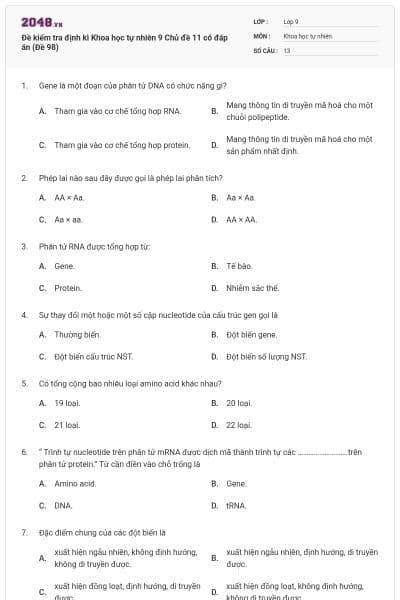 Đề kiểm tra định kì Khoa học tự nhiên 9 Chủ đề 11 có đáp án (Đề 98)