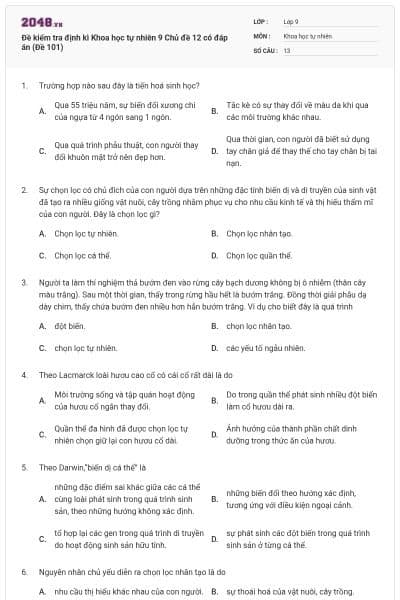 Đề kiểm tra định kì Khoa học tự nhiên 9 Chủ đề 12 có đáp án (Đề 101)