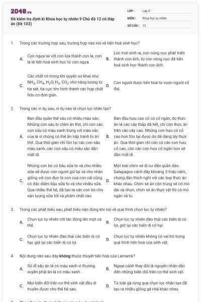 Đề kiểm tra định kì Khoa học tự nhiên 9 Chủ đề 12 có đáp án (Đề 103)