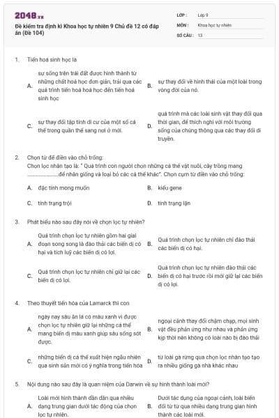 Đề kiểm tra định kì Khoa học tự nhiên 9 Chủ đề 12 có đáp án (Đề 104)