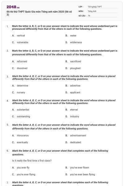 Đề thi thử THPT Quốc Gia môn Tiếng anh năm 2020 (Đề số 3)