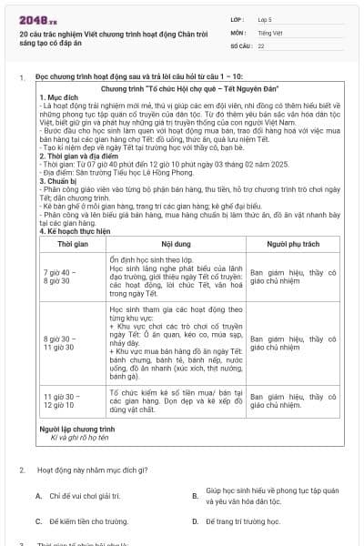 20 câu trắc nghiệm Viết chương trình hoạt động Chân trời sáng tạo có đáp án