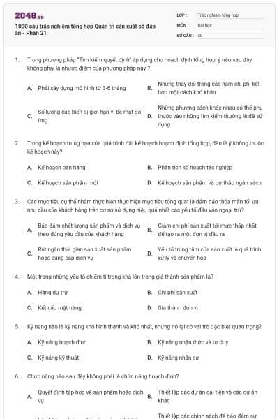 1000 câu trắc nghiệm tổng hợp Quản trị sản xuất có đáp án - Phần 21