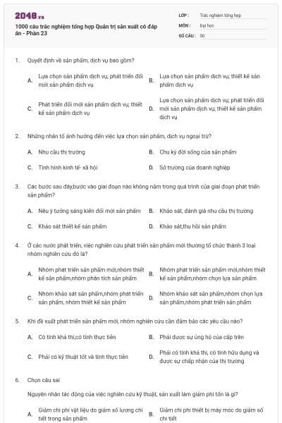 1000 câu trắc nghiệm tổng hợp Quản trị sản xuất có đáp án - Phần 23