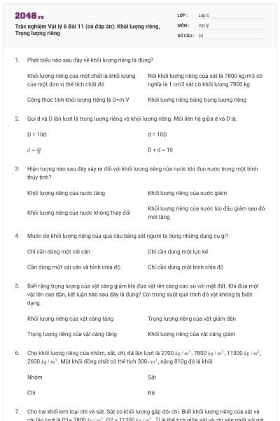 Trắc nghiệm Vật lý 6 Bài 11 (có đáp án): Khối lượng riêng, Trọng lượng riêng