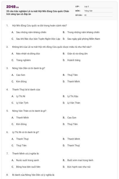 20 câu trắc nghiệm Lễ ra mắt Hội Nhi đồng Cứu quốc Chân trời sáng tạo có đáp án