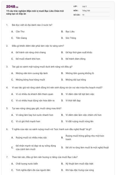 19 câu trắc nghiệm Mặn mòi vị muối Bạc Liêu Chân trời sáng tạo có đáp án