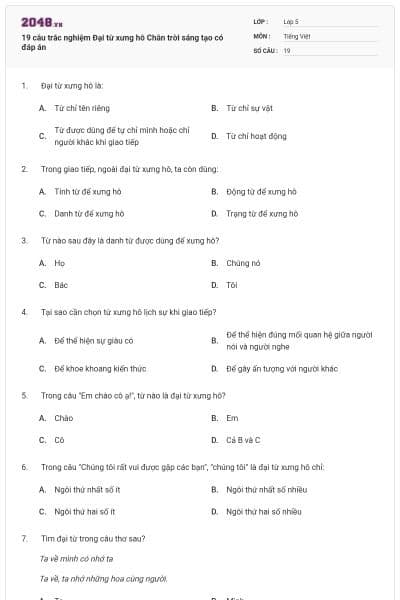 19 câu trắc nghiệm Đại từ xưng hô Chân trời sáng tạo có đáp án