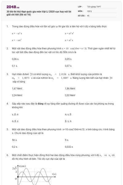 30 Đề thi thử thpt quốc gia môn Vật Lí 2020 cực hay nói lời giải chi tiết (Đề số 16)
