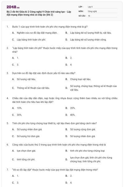 Bộ 2 đề thi Giữa kì 2 Công nghệ 9 Chân trời sáng tạo - Lắp đặt mạng điện trong nhà có đáp án (Đề 2)