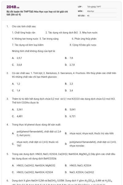 Bộ đề  luyện thi THPTQG Hóa Học cực hay có lời giải chi tiết (Đề số 4)
