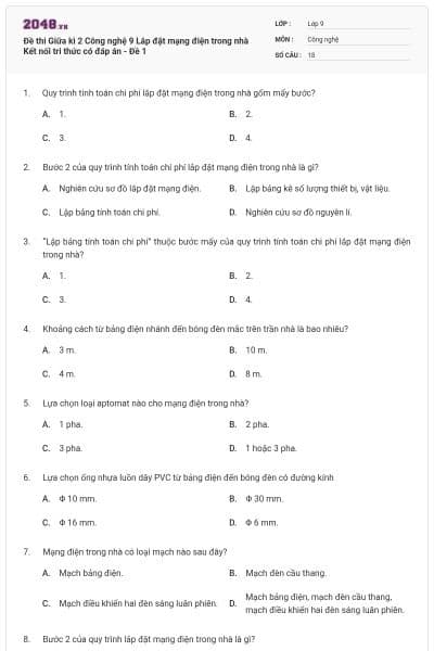 Đề thi Giữa kì 2 Công nghệ 9 Lắp đặt mạng điện trong nhà Kết nối tri thức có đáp án - Đề 1
