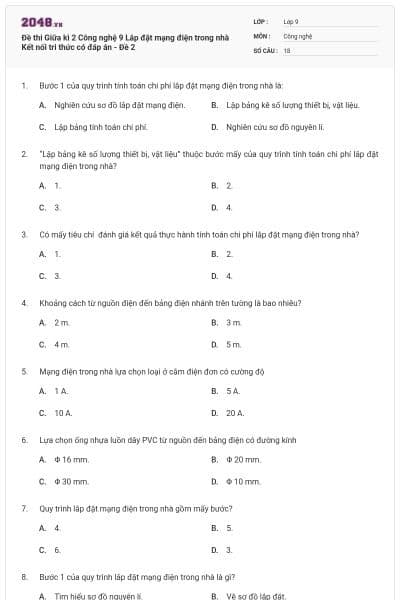 Đề thi Giữa kì 2 Công nghệ 9 Lắp đặt mạng điện trong nhà Kết nối tri thức có đáp án - Đề 2