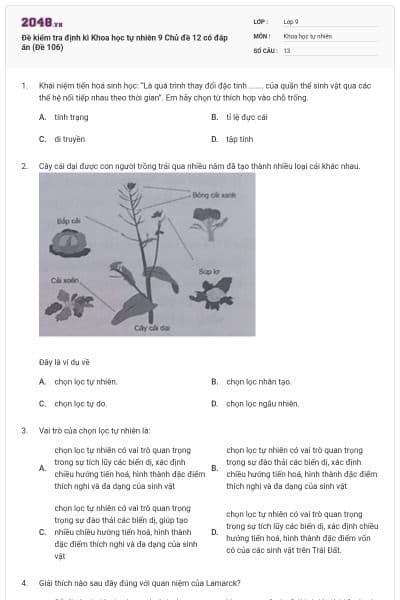Đề kiểm tra định kì Khoa học tự nhiên 9 Chủ đề 12 có đáp án (Đề 106)