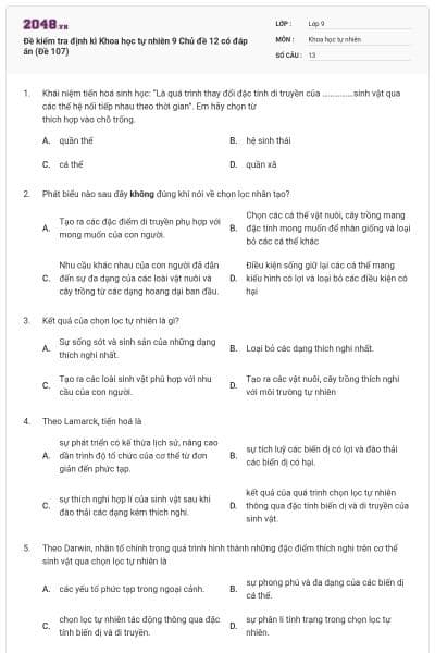 Đề kiểm tra định kì Khoa học tự nhiên 9 Chủ đề 12 có đáp án (Đề 107)
