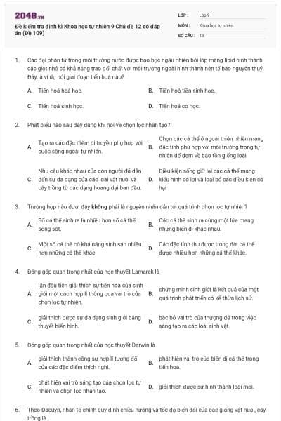 Đề kiểm tra định kì Khoa học tự nhiên 9 Chủ đề 12 có đáp án (Đề 109)