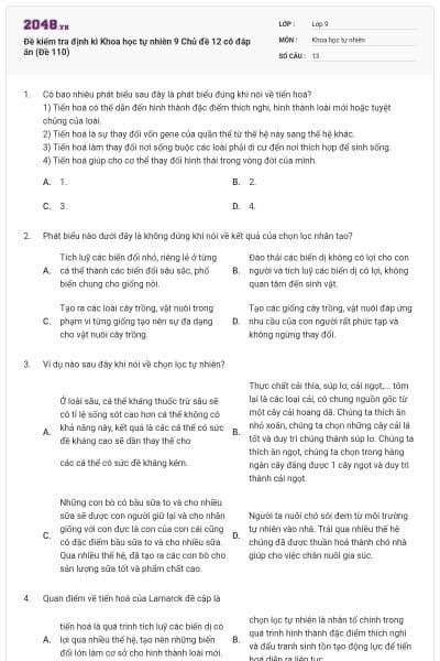 Đề kiểm tra định kì Khoa học tự nhiên 9 Chủ đề 12 có đáp án (Đề 110)