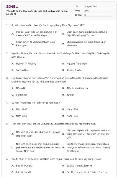 Tổng đề thi thử thpt quốc gia môn Lịch sử hay nhất có đáp án (đề 7)