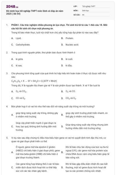 Đề minh họa tốt nghiệp THPT môn Sinh có đáp án năm 2025 ( Đề 54)