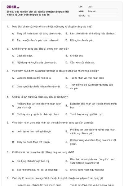 20 câu trắc nghiệm Viết bài văn kể chuyện sáng tạo (Bài viết số 1) Chân trời sáng tạo có đáp án