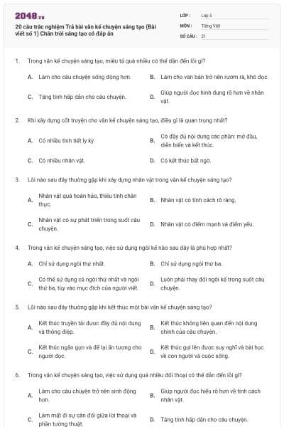 20 câu trắc nghiệm Trả bài văn kể chuyện sáng tạo (Bài viết số 1) Chân trời sáng tạo có đáp án