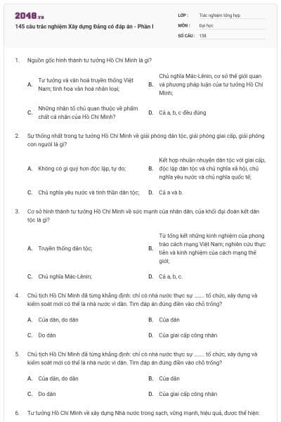 145 câu trắc nghiệm Xây dựng Đảng có đáp án - Phần I