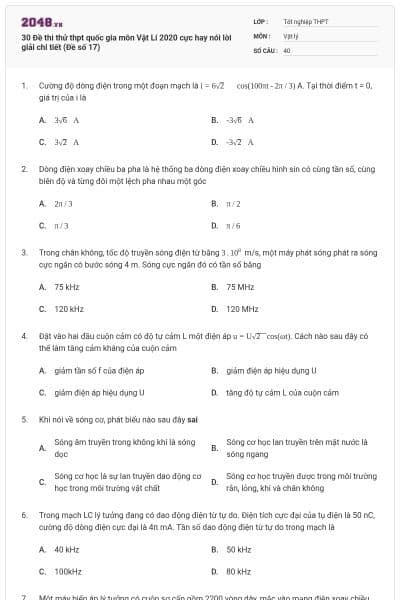 30 Đề thi thử thpt quốc gia môn Vật Lí 2020 cực hay nói lời giải chi tiết (Đề số 17)