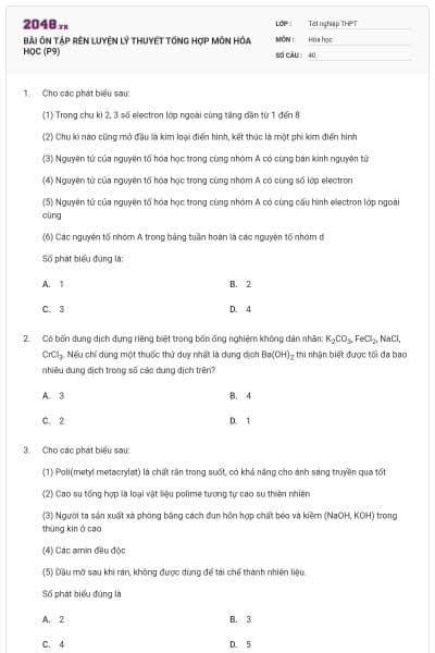 BÀI ÔN TẬP RÈN LUYỆN LÝ THUYẾT TỔNG HỢP MÔN HÓA HỌC (P9)