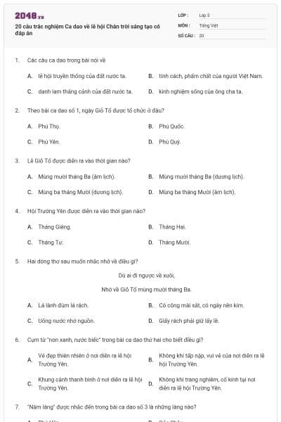 20 câu trắc nghiệm Ca dao về lễ hội Chân trời sáng tạo có đáp án