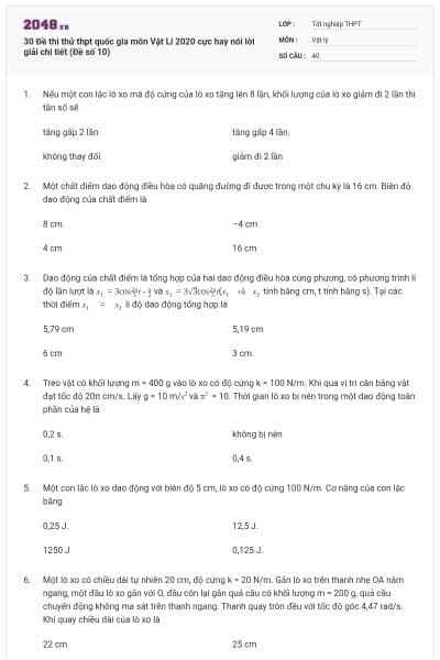 30 Đề thi thử thpt quốc gia môn Vật Lí 2020 cực hay nói lời giải chi tiết (Đề số 10)