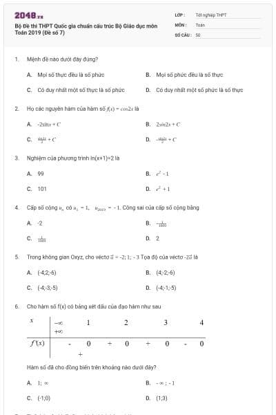 Bộ Đề thi THPT Quốc gia chuẩn cấu trúc Bộ Giáo dục môn Toán 2019 (Đề số 7)