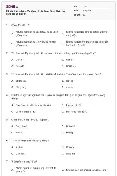 20 câu trắc nghiệm Mở rộng vốn từ Cộng đồng Chân trời sáng tạo có đáp án