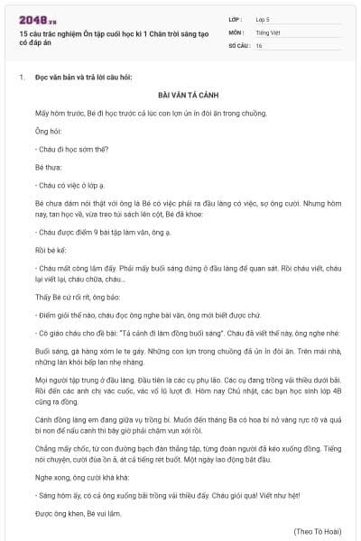 15 câu trắc nghiệm Ôn tập cuối học kì 1 Chân trời sáng tạo có đáp án