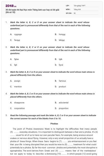 30 đề luyện thi Đại Học môn Tiếng Anh cực hay có lời giải (Đề số 18)