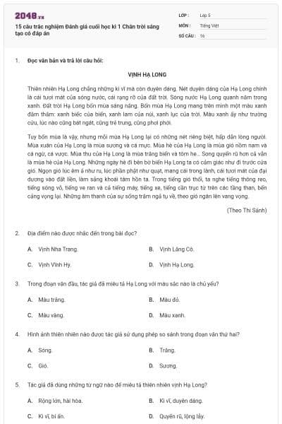 15 câu trắc nghiệm Đánh giá cuối học kì 1 Chân trời sáng tạo có đáp án