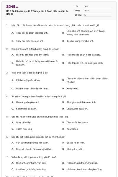 Bộ 3 đề thi giữa học kì 2 Tin học lớp 9 Cánh diều có đáp án (Đề 2)