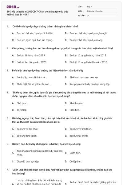 Bộ 3 đề thi giữa kì 2 GDCD 7 Chân trời sáng tạo cấu trúc mới có đáp án - Đề 1