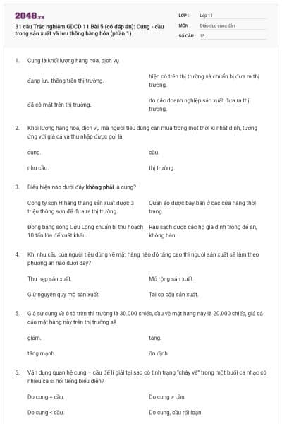 31 câu Trắc nghiệm GDCD 11 Bài 5 (có đáp án): Cung - cầu trong sản xuất và lưu thông hàng hóa (phần 1)