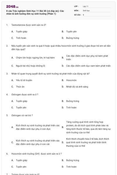 8 câu Trắc nghiệm Sinh Học 11 Bài 38 (có đáp án): Các nhân tố ảnh hưởng đến sự sinh trưởng (Phần 1)