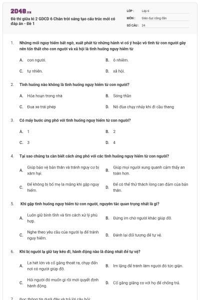 Đề thi giữa kì 2 GDCD 6 Chân trời sáng tạo cấu trúc mới có đáp án - Đề 1