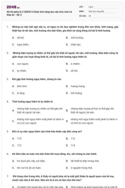 Đề thi giữa kì 2 GDCD 6 Chân trời sáng tạo cấu trúc mới có đáp án - Đề 2