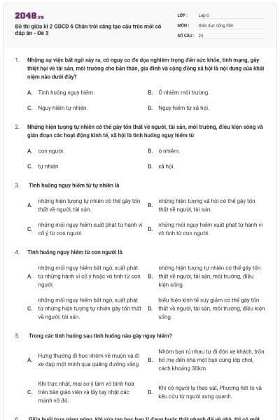 Đề thi giữa kì 2 GDCD 6 Chân trời sáng tạo cấu trúc mới có đáp án - Đề 3