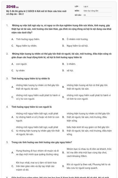 Bộ 5 đề thi giữa kì 2 GDCD 6 Kết nối tri thức cấu trúc mới có đáp án - Đề 2