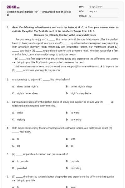 Đề minh họa tốt nghiệp THPT Tiếng Anh có đáp án (Đề số 3)