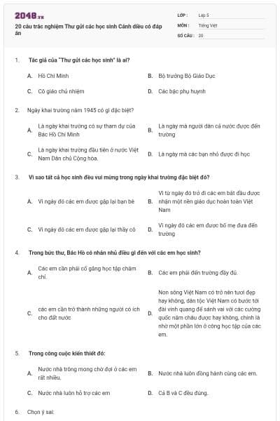 20 câu trắc nghiệm Thư gửi các học sinh Cánh diều có đáp án