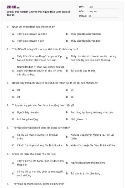 20 câu trắc nghiệm Chuyện một người thầy Cánh diều có đáp án