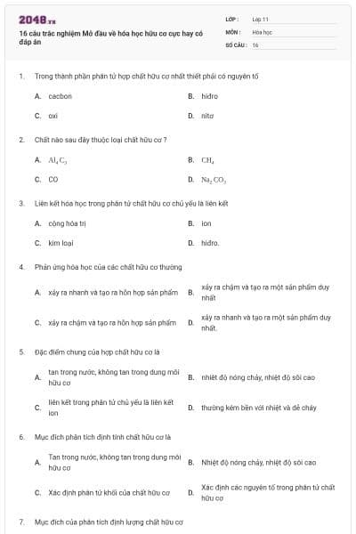 16 câu trắc nghiệm Mở đầu về hóa học hữu cơ cực hay có đáp án